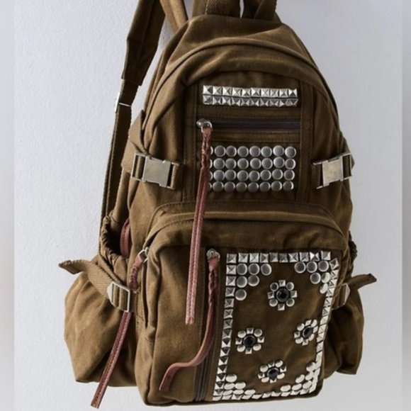 Free People Handbags - Free People Berlin Studded Backpack Canvas Faded Military Army Green NWOT